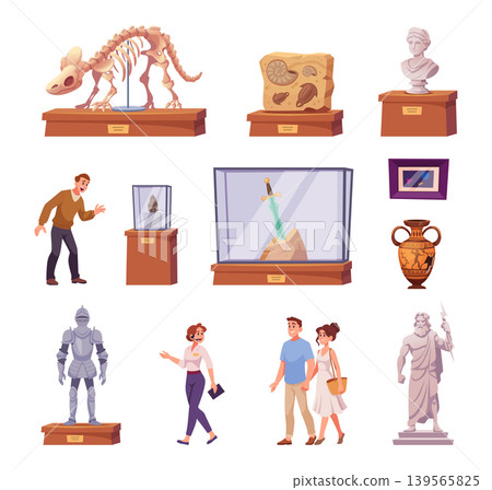 Museum. Exhibition pieces of sculpture and paintings exact vector cartoon illustration 139565825
