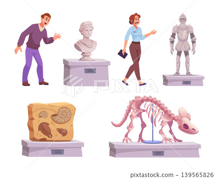 Museum. Characters on historical museum exhibition exact vector cartoon template set Museum. Characters on historical museum exhibition exact vector cartoon template set 139565826