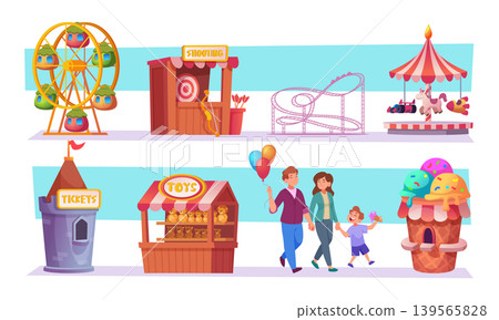Entertainment park. Happy kids on roller coaster exact vector family with positive emotions 139565828