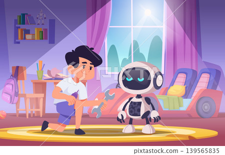 Kids with robot. smart kid playing with robot companion. vector cartoon background 139565835