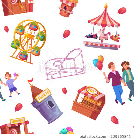 Amusement park pattern. seamless background with happy people in amusement entertainment park 139565845
