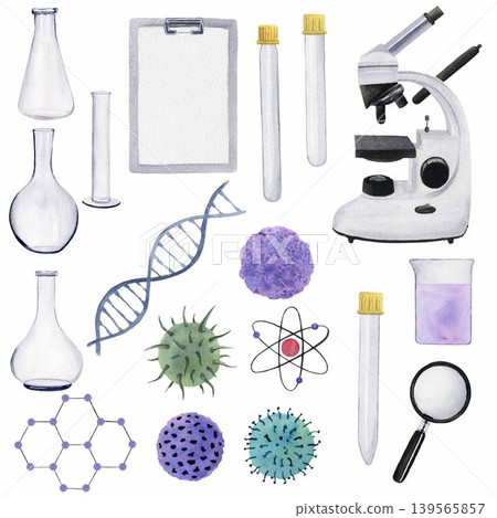 Watercolor illustrations of microscope, test tubes, viruses, flasks, DNA gene, crystal lattice, magnifying glass, clipboard folder, chemistry symbol Watercolor illustrations of microscope, test tubes, viruses, flasks, DNA gene, crystal lattice, magnifying glass, clipboard folder, chemistry symbol 139565857