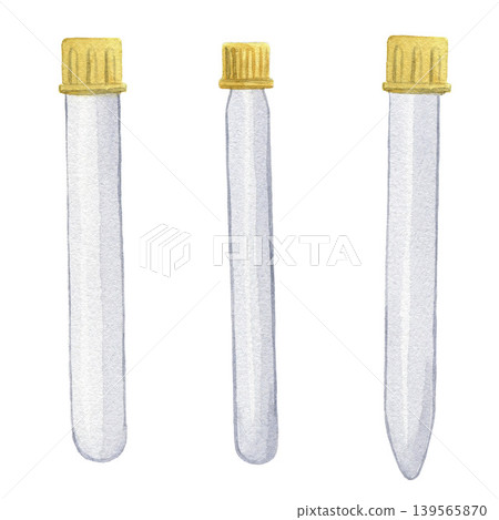 Test tubes with yellow caps. Hand drawn illustration isolated on white background for design, logos, cards, business, medical articles, packaging Test tubes with yellow caps. Hand drawn illustration isolated on white background for design, logos, cards, business, medical articles, packaging 139565870