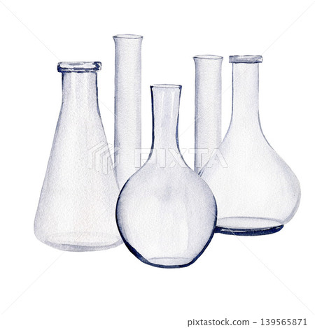 Medicine flasks and beakers. Watercolor illustration isolated on white background for design, logos, cards, business, medical articles, textbooks Medicine flasks and beakers. Watercolor illustration isolated on white background for design, logos, cards, business, medical articles, textbooks 139565871