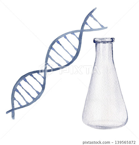 Medicine flask and DNA gene. Watercolor illustration isolated on white background for design, logos, cards, business, medical articles, textbooks Medicine flask and DNA gene. Watercolor illustration isolated on white background for design, logos, cards, business, medical articles, textbooks 139565872