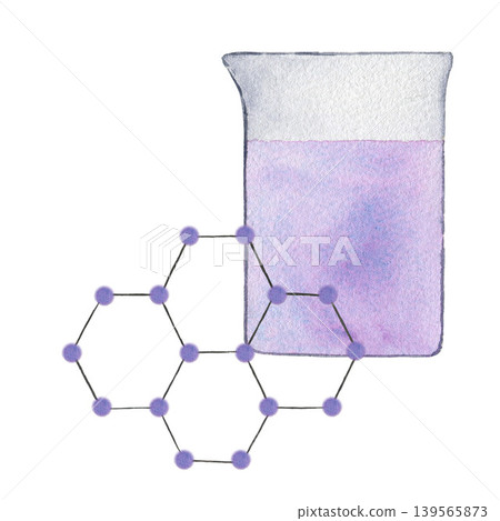 Medicine flask with liquid and crystal lattice. Watercolor illustration isolated on white background for design, logos, business, medical articles Medicine flask with liquid and crystal lattice. Watercolor illustration isolated on white background for design, logos, business, medical articles 139565873