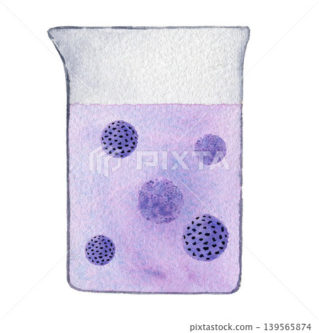 Medicine flask with liquid and viruses. Watercolor illustration isolated on white background for design, logos, business, medical articles, textbooks Medicine flask with liquid and viruses. Watercolor illustration isolated on white background for design, logos, business, medical articles, textbooks 139565874