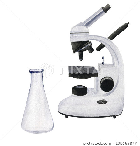 Watercolor microscope and flask. Hand drawn illustration isolated on white background for design, logos, cards, business, medical articles Watercolor microscope and flask. Hand drawn illustration isolated on white background for design, logos, cards, business, medical articles 139565877