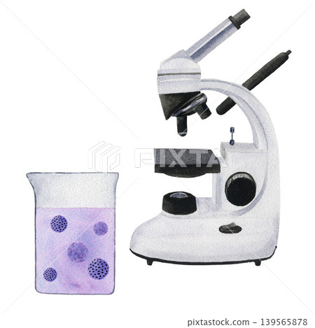 Watercolor microscope and flask with liquid and viruses. Hand drawn illustration isolated on white background for design, logos, cards, business Watercolor microscope and flask with liquid and viruses. Hand drawn illustration isolated on white background for design, logos, cards, business 139565878