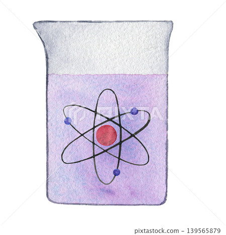 Medicine flask with liquid and chemistry symbol. Watercolor illustration isolated on white background for design, logos, business, medical articles Medicine flask with liquid and chemistry symbol. Watercolor illustration isolated on white background for design, logos, business, medical articles 139565879