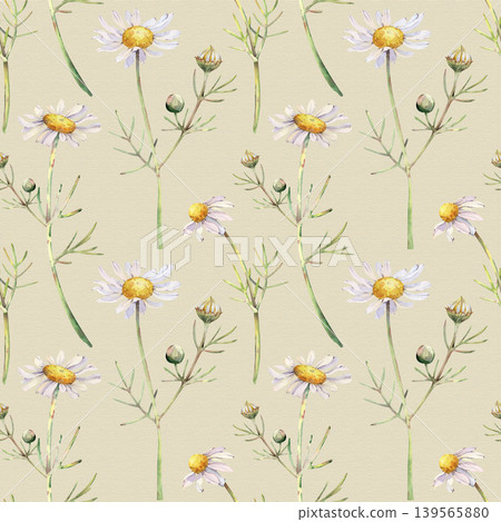 Hand-made watercolor seamless pattern with delicate wild daisy flowers on thin green stems. Minimalistic floral print with repetitions on a beige textured background. For eco-friendly packaging Hand-made watercolor seamless pattern with delicate wild daisy flowers on thin green stems. Minimalistic floral print with repetitions on a beige textured background. For eco-friendly packaging 139565880