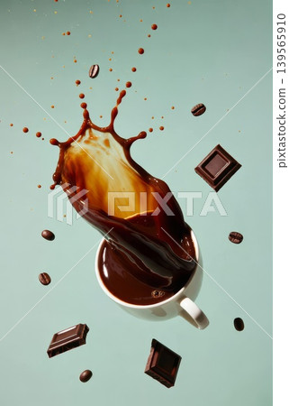 Exquisite Cup of Coffee with Chocolate Splashing Out, Creating a Stunning Visual Delight for Coffee Lovers 139565910