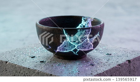 A traditional dark ceramic bowl that is cracked. Instead of gold, the cracks are filled with glowing, pulsing cyan and purple circuit board patterns and tiny LED lights A traditional dark ceramic bowl that is cracked. Instead of gold, the cracks are filled with glowing, pulsing cyan and purple circuit board patterns and tiny LED lights 139565917