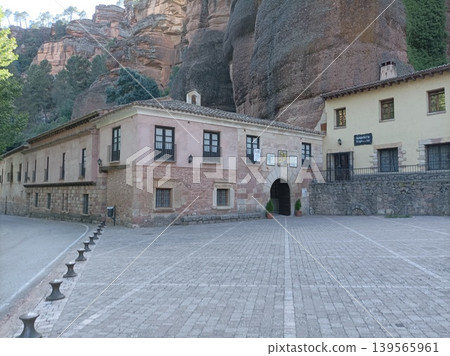 Historical stone architecture at the Virgen de la Hoz sanctuary in Guadalajara, Spain. 139565961