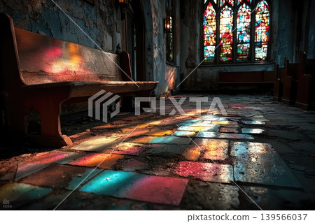 Abandoned church interior showcasing stained glass and skewed pews 139566037
