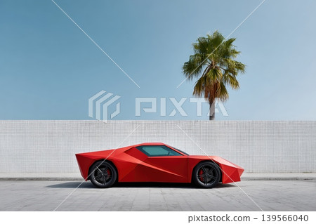 Bright red origami paper sports car parked under a palm tree in sunlit environment Bright red origami paper sports car parked under a palm tree in sunlit environment 139566040