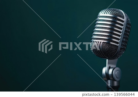 Close up of a vintage microphone against a muted background capturing intricate details Close up of a vintage microphone against a muted background capturing intricate details 139566044