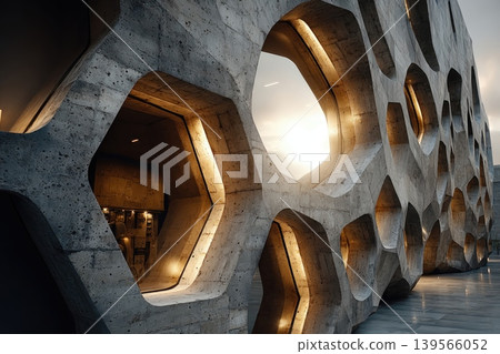Dynamic hexagonal patterns inspired by beehives on contemporary building facade Dynamic hexagonal patterns inspired by beehives on contemporary building facade 139566052