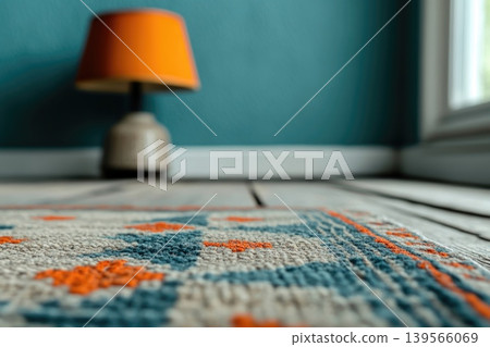 Ornate eastern rug pattern with a vibrant lamp in a cozy room setting Ornate eastern rug pattern with a vibrant lamp in a cozy room setting 139566069