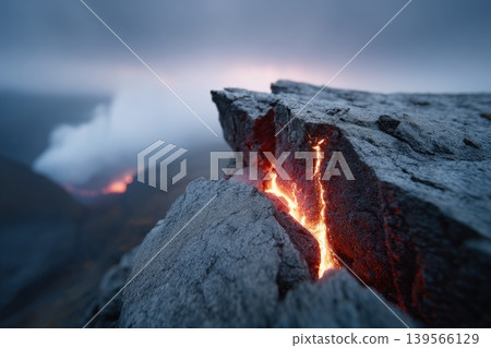 Erupting lava flows illuminate rocky volcanic landscape Erupting lava flows illuminate rocky volcanic landscape 139566129