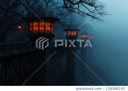Serene elven city illuminated by warm lanterns at dusk 139566195