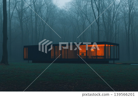 Sustainable modular home illuminated in a misty forest Sustainable modular home illuminated in a misty forest 139566201