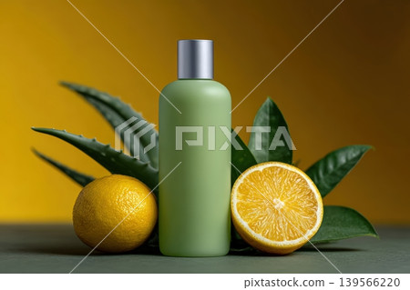 Green facial toner bottle with aloe vera and orange Green facial toner bottle with aloe vera and orange 139566220