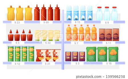 Supermarket food shelf. Grocery store assortiment on shelf, different bottles and packs. Night goods shop, drinks, milk, sauces, chips, chocolate, nowaday vector element Supermarket food shelf. Grocery store assortiment on shelf, different bottles and packs. Night goods shop, drinks, milk, sauces, chips, chocolate, nowaday vector element 139566238