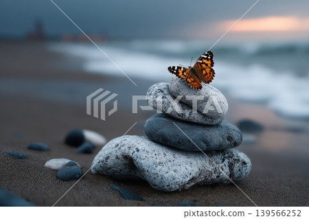 Smooth Zen stones and butterfly on the beach at sunset 139566252