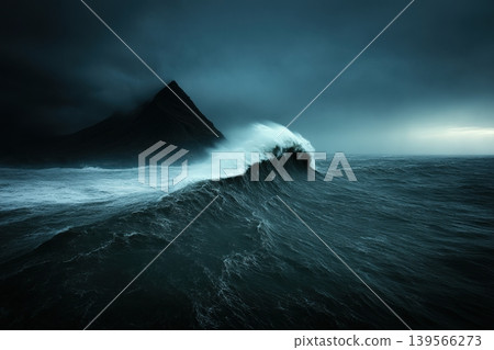Dark sea storm unleashes powerful waves against coast 139566273