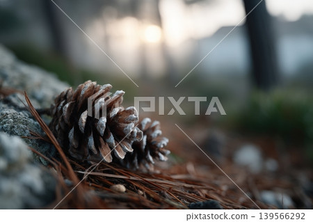 Pinecones scattered on forest floor at dawn Pinecones scattered on forest floor at dawn 139566292