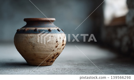 Rustic ceramic vase with dramatic side view in soft light Rustic ceramic vase with dramatic side view in soft light 139566298