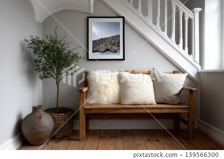 Seating area with decor and art near staircase Seating area with decor and art near staircase 139566300