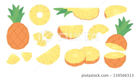 Cartoon pineapple fruits. Fresh pineapples slices, cubes and half fruit. Exotic tropical fresh food for diet, vitamin raw product. Juicy nutrition, racy vector set Cartoon pineapple fruits. Fresh pineapples slices, cubes and half fruit. Exotic tropical fresh food for diet, vitamin raw product. Juicy nutrition, racy vector set 139566313