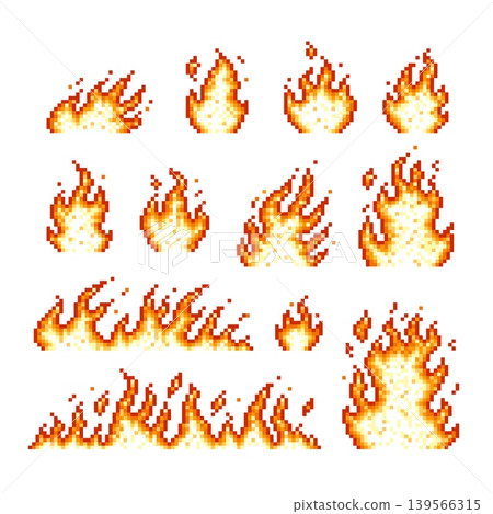 Pixel fires icons. Retro game burning elements, arcade computer gaming style 8 16 bit. Ui ux design elements, magic fire flames, tidy vector clipart 139566315