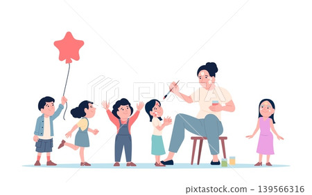 Kids party make up. Children stand in waiting line to making up artist. Children festival, birthday, kid zone on celebrating or mall. Funny mood recent vector concept Kids party make up. Children stand in waiting line to making up artist. Children festival, birthday, kid zone on celebrating or mall. Funny mood recent vector concept 139566316