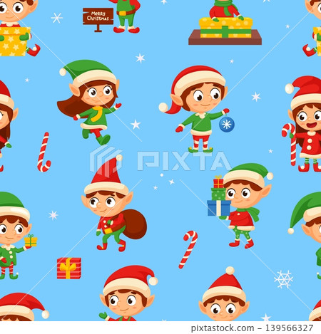 Christmas elves seamless pattern. Cute Santa Claus helpers, elf with xmas toy, gift box, sweet candy. Cartoon print for fabric, textile, wallpaper design, vector background Christmas elves seamless pattern. Cute Santa Claus helpers, elf with xmas toy, gift box, sweet candy. Cartoon print for fabric, textile, wallpaper design, vector background 139566327