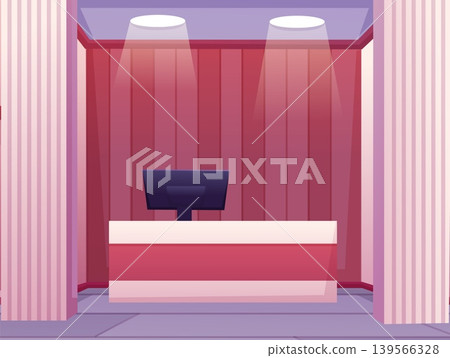 Cartoon reception desk. Table with monitor, spotlights in ceiling. Empty zone for administrator, manager in store or center, cashier, vector scene 139566328