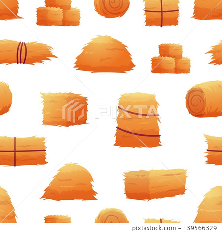 Cartoon haystacks seamless pattern. Hays in rolls and cubes, different stacks dry grass. Harvest time, agriculture elements. Print for fabric, vector background 139566329