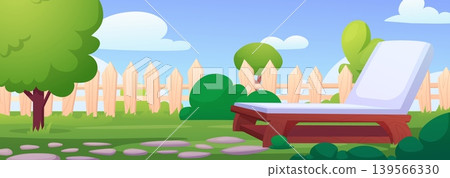 Backyard rest area. Outdoor sofa, cozy house garden with tree and stone road. Summer seasonal time, meditation and relaxing zone at home or hotel, vector background Backyard rest area. Outdoor sofa, cozy house garden with tree and stone road. Summer seasonal time, meditation and relaxing zone at home or hotel, vector background 139566330