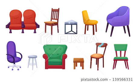 Armchairs, chairs and stools. Cartoon chair for living room, cinema, office or hall waiting zone. Wooden stool for kitchen, dining room, outdoor chair, vector set Armchairs, chairs and stools. Cartoon chair for living room, cinema, office or hall waiting zone. Wooden stool for kitchen, dining room, outdoor chair, vector set 139566331