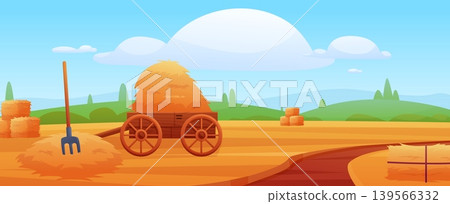 Agriculture landscape. Wooden cart with haystack, harvest time, grass mowing season in fields. Hays in valley, cartoon countryside vector scene Agriculture landscape. Wooden cart with haystack, harvest time, grass mowing season in fields. Hays in valley, cartoon countryside vector scene 139566332