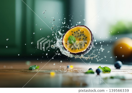 Sliced passion fruit suspended midair in a splash of water and mint Sliced passion fruit suspended midair in a splash of water and mint 139566339