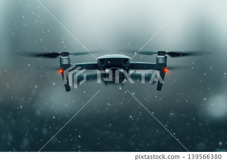 Drone flies in a wintery scene ahead of what appears to be a frozen swarm Drone flies in a wintery scene ahead of what appears to be a frozen swarm 139566380