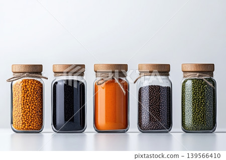 Assortment of lentils and beans in reusable glass containers on white surface Assortment of lentils and beans in reusable glass containers on white surface 139566410