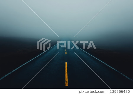 Gloomy highway vanishing into the dense fog during a lonely driving experience Gloomy highway vanishing into the dense fog during a lonely driving experience 139566420
