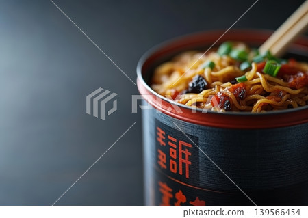 Spicy asian noodles being served in a black paint can with chopsticks Spicy asian noodles being served in a black paint can with chopsticks 139566454