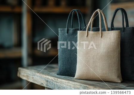Market bags sit displayed on a weathered wooden surface Market bags sit displayed on a weathered wooden surface 139566473