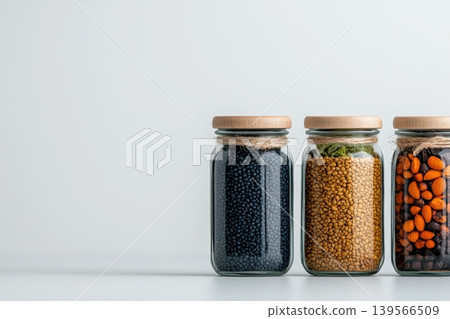 Glass containers holding dry foods sit on white surface in studio Glass containers holding dry foods sit on white surface in studio 139566509