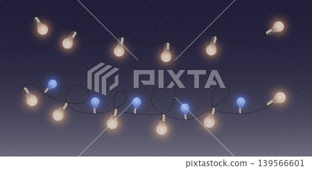 Glowing string lights creating festive atmosphere with warm and blue illumination 139566601